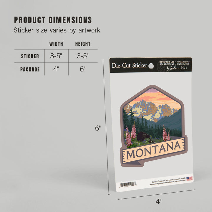 Montana, Bear & Spring Flowers, Contour, Lantern Press Artwork, Vinyl Sticker Sticker Lantern Press
