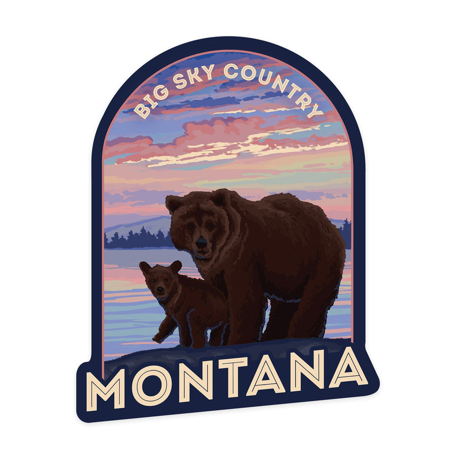 Montana, Big Sky Country, Bear and Cub, Contour, Lantern Press Artwork, Vinyl Sticker Sticker Lantern Press