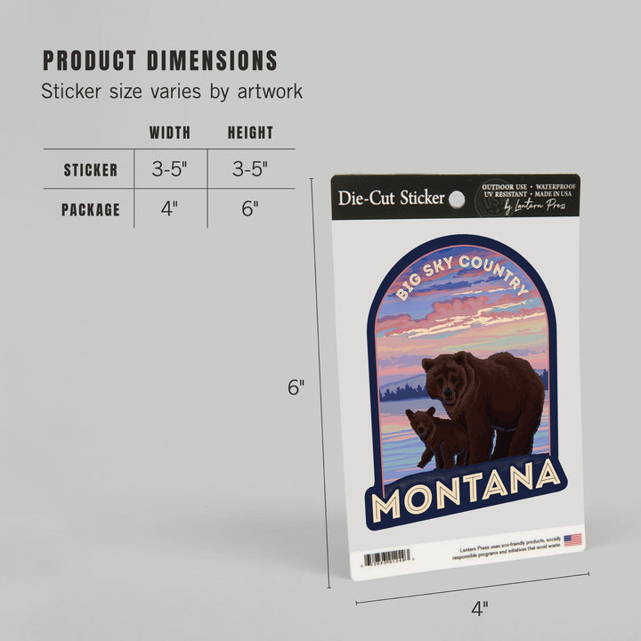 Montana, Big Sky Country, Bear and Cub, Contour, Lantern Press Artwork, Vinyl Sticker Sticker Lantern Press