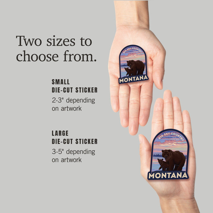 Montana, Big Sky Country, Bear and Cub, Contour, Lantern Press Artwork, Vinyl Sticker Sticker Lantern Press