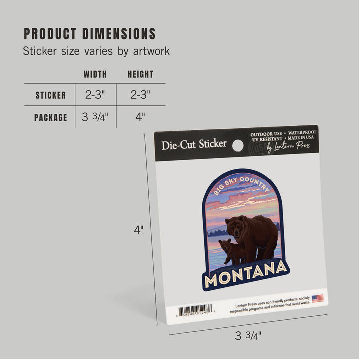Montana, Big Sky Country, Bear and Cub, Contour, Lantern Press Artwork, Vinyl Sticker Sticker Lantern Press