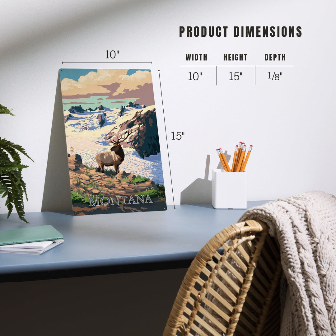 Montana, Elk & Snowy Mountain, Lantern Press Artwork, Wood Signs and Postcards Wood Lantern Press