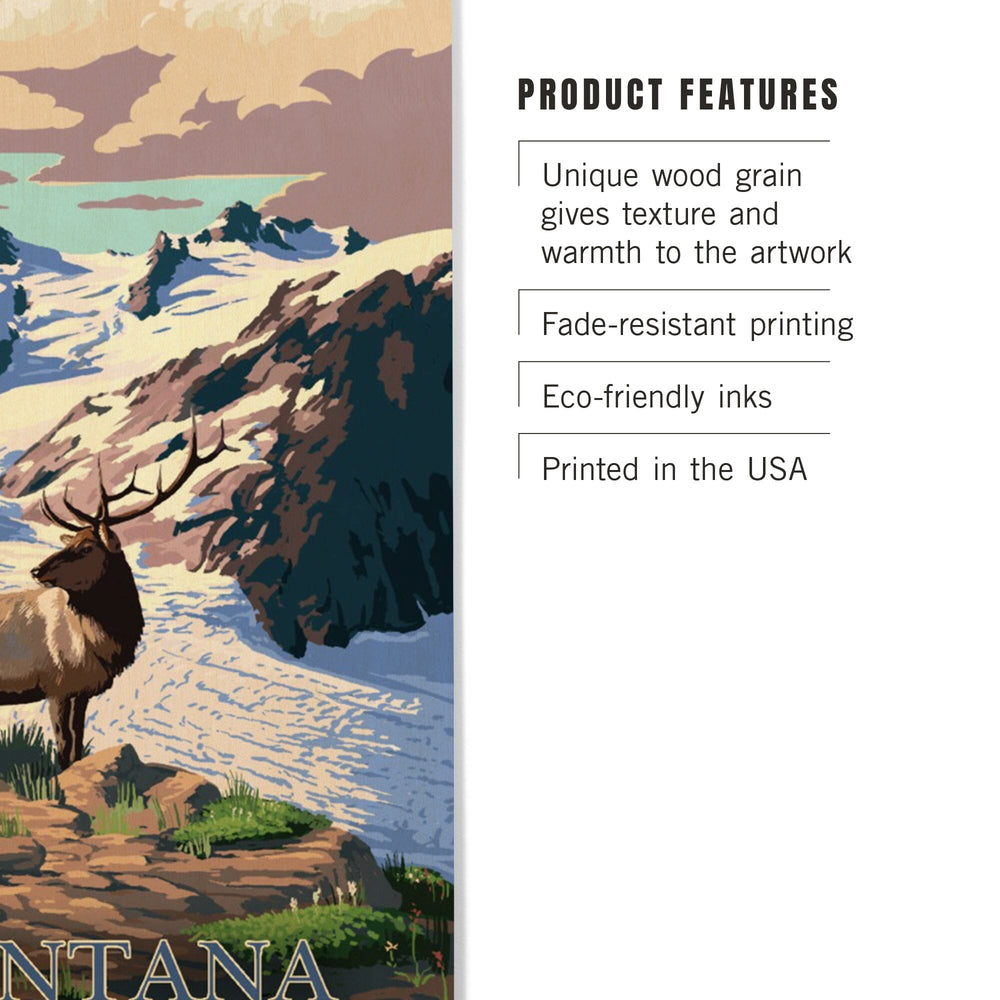 Montana, Elk & Snowy Mountain, Lantern Press Artwork, Wood Signs and Postcards Wood Lantern Press