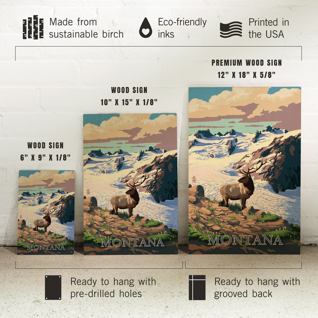Montana, Elk & Snowy Mountain, Lantern Press Artwork, Wood Signs and Postcards Wood Lantern Press