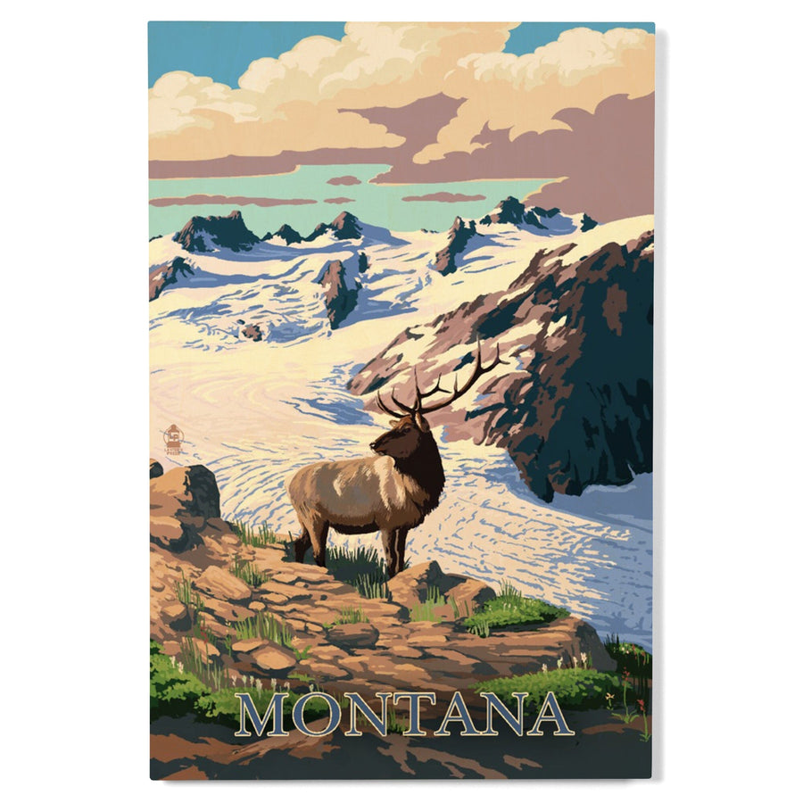 Montana, Elk & Snowy Mountain, Lantern Press Artwork, Wood Signs and Postcards Wood Lantern Press