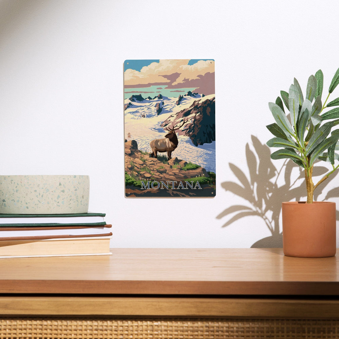 Montana, Elk & Snowy Mountain, Lantern Press Artwork, Wood Signs and Postcards Wood Lantern Press