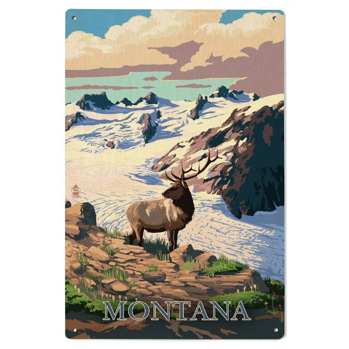 Montana, Elk & Snowy Mountain, Lantern Press Artwork, Wood Signs and Postcards Wood Lantern Press