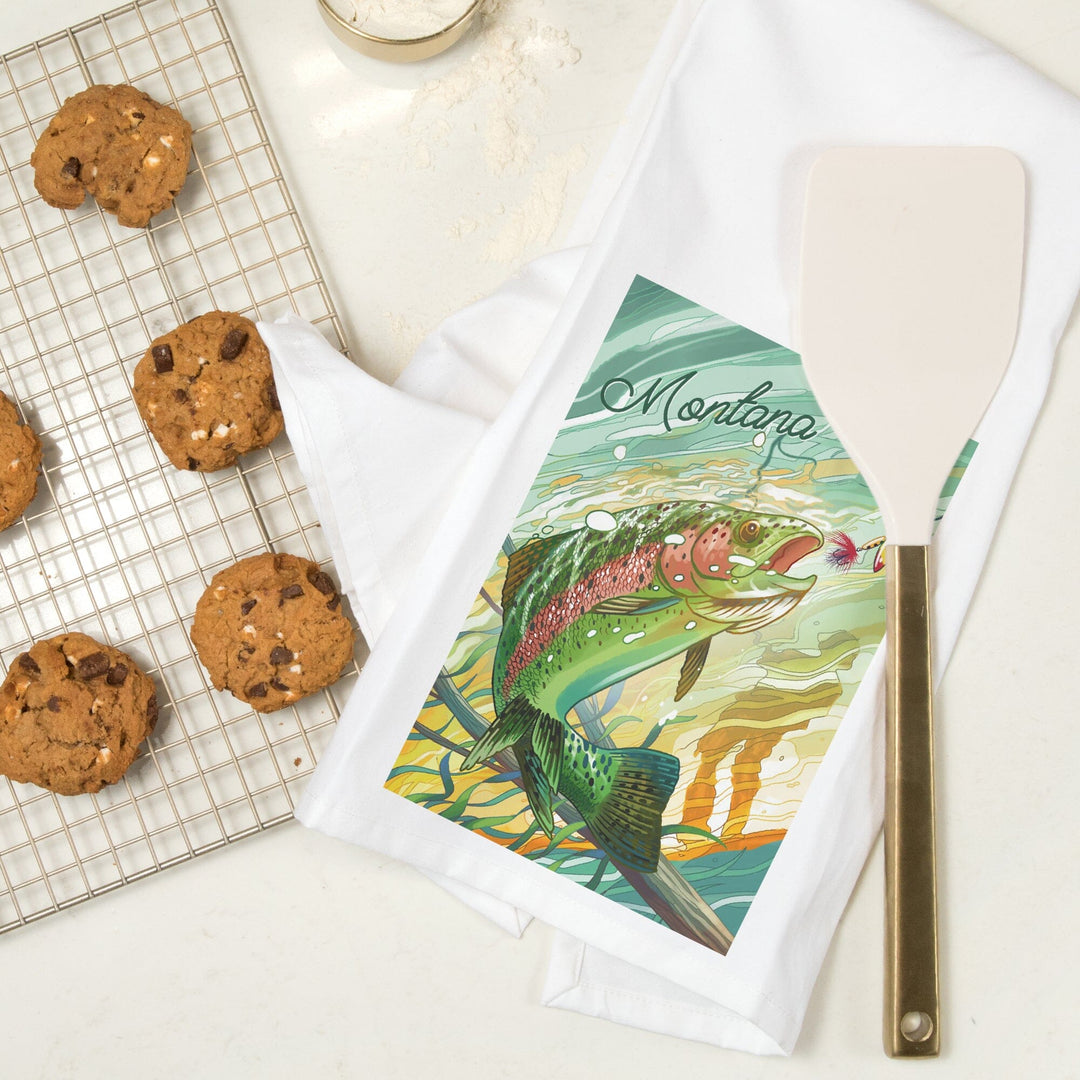 Montana, Fishing, Underwater Trout with Dry Fly, Organic Cotton Kitchen Tea Towels Kitchen Lantern Press