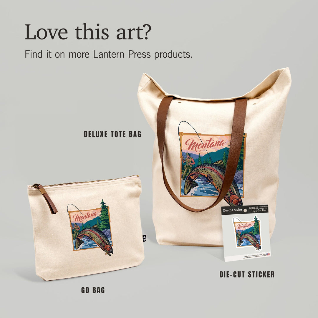 Montana, Fly Fishing Scene, Contour, Lantern Press Artwork, Vinyl Sticker Sticker Lantern Press
