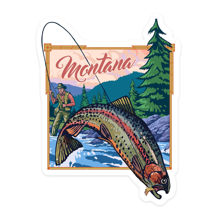 Montana, Fly Fishing Scene, Contour, Lantern Press Artwork, Vinyl Sticker Sticker Lantern Press