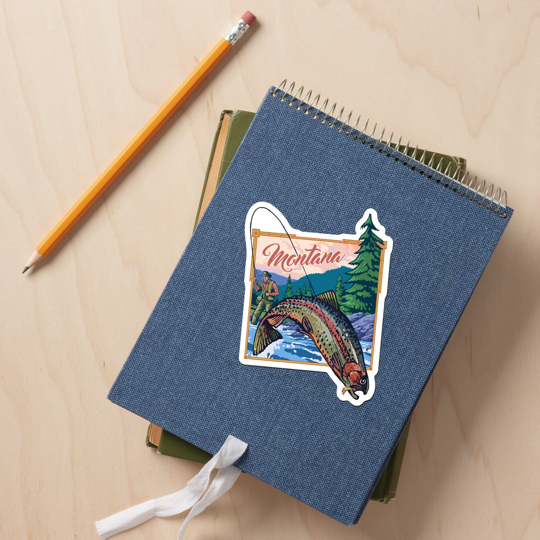 Montana, Fly Fishing Scene, Contour, Lantern Press Artwork, Vinyl Sticker Sticker Lantern Press