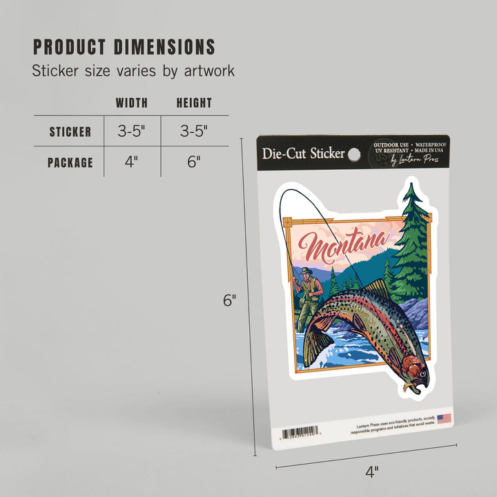 Montana, Fly Fishing Scene, Contour, Lantern Press Artwork, Vinyl Sticker Sticker Lantern Press