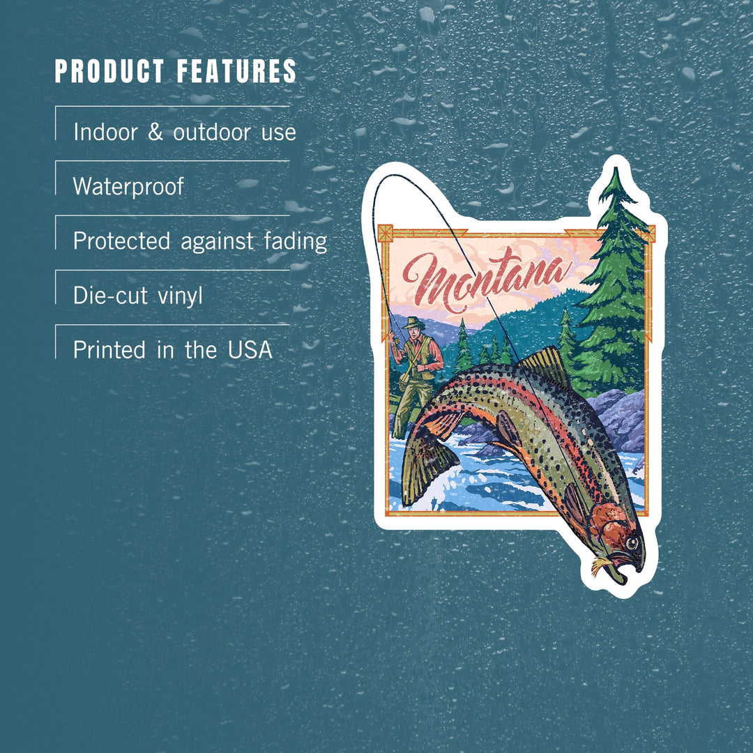 Montana, Fly Fishing Scene, Contour, Lantern Press Artwork, Vinyl Sticker Sticker Lantern Press
