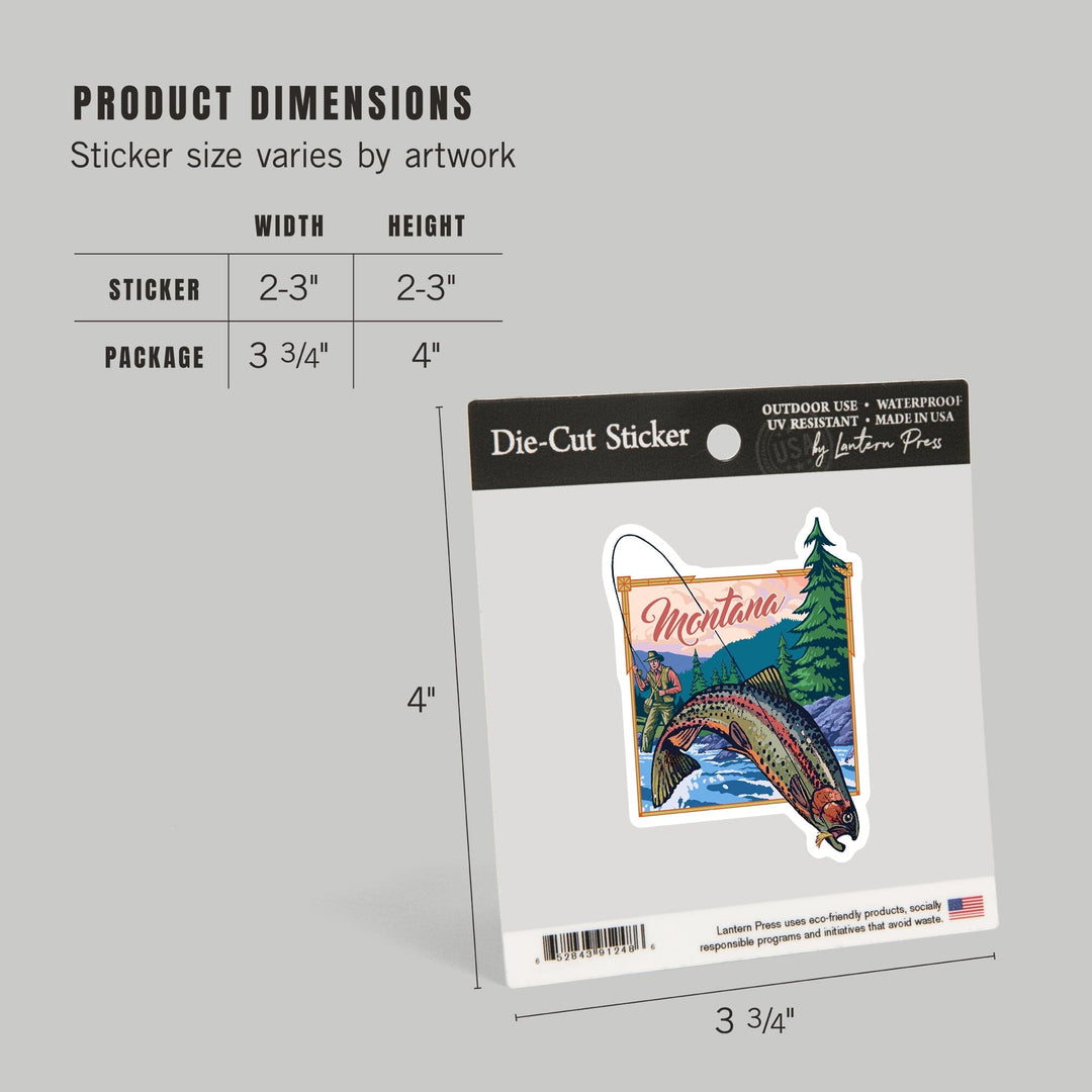 Montana, Fly Fishing Scene, Contour, Lantern Press Artwork, Vinyl Sticker Sticker Lantern Press