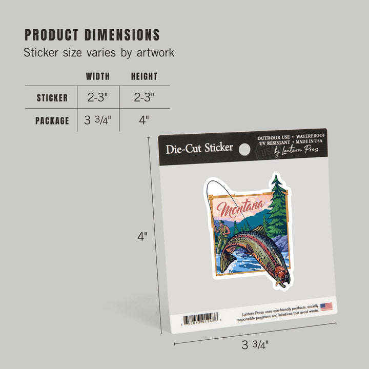 Montana, Fly Fishing Scene, Contour, Lantern Press Artwork, Vinyl Sticker Sticker Lantern Press