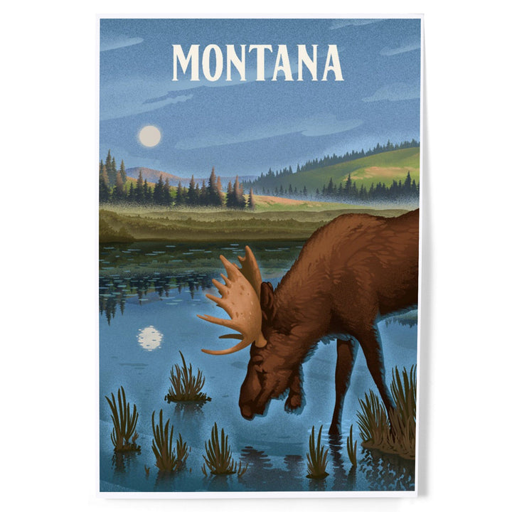 Montana, Lithograph, Reflection Pond and Bull Moose, Art & Giclee Prints Art Lantern Press 12 x 18 Art Print