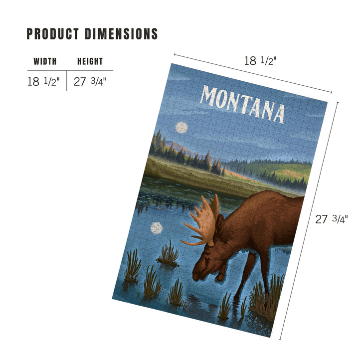 Montana, Lithograph, Reflection Pond and Bull Moose, Jigsaw Puzzle Puzzle Lantern Press