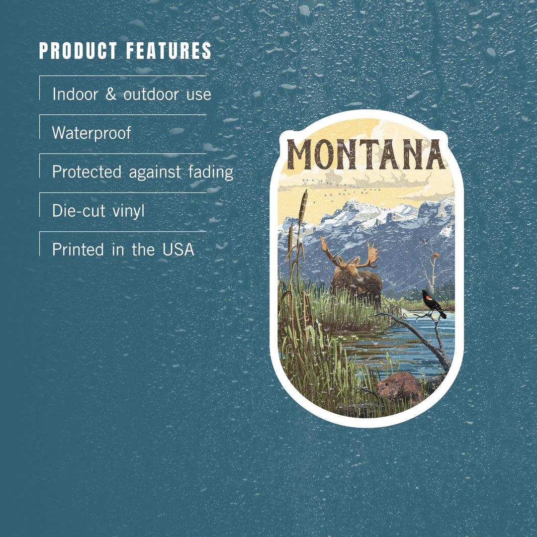 Montana, Moose & Marsh Scene, Contour, Lantern Press Artwork, Vinyl Sticker Sticker Lantern Press