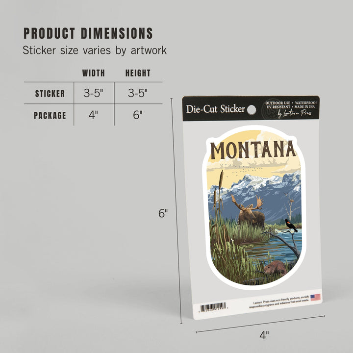 Montana, Moose & Marsh Scene, Contour, Lantern Press Artwork, Vinyl Sticker Sticker Lantern Press