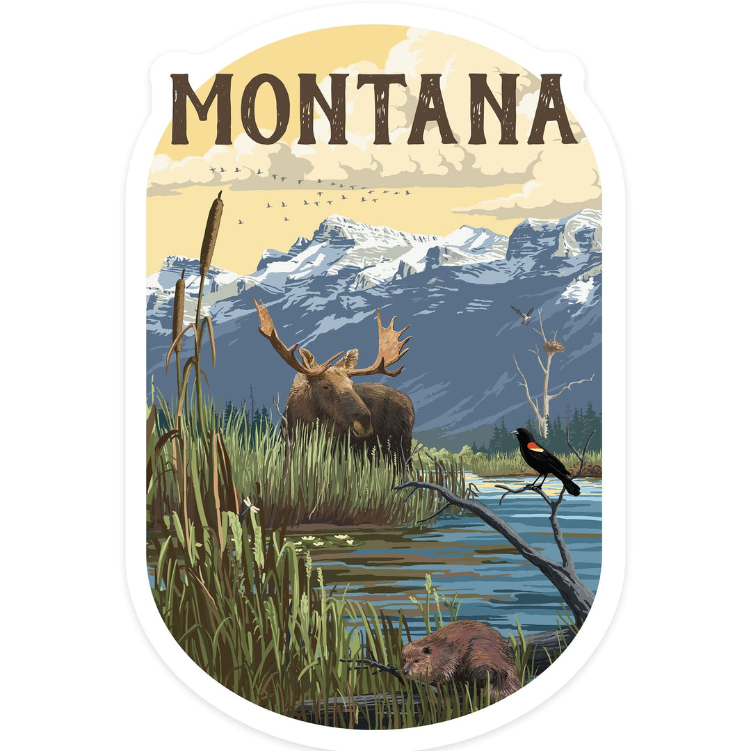Montana, Moose & Marsh Scene, Contour, Lantern Press Artwork, Vinyl Sticker Sticker Lantern Press