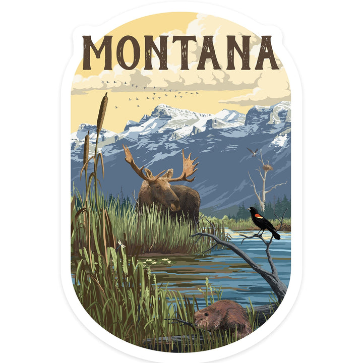 Montana, Moose & Marsh Scene, Contour, Lantern Press Artwork, Vinyl Sticker Sticker Lantern Press