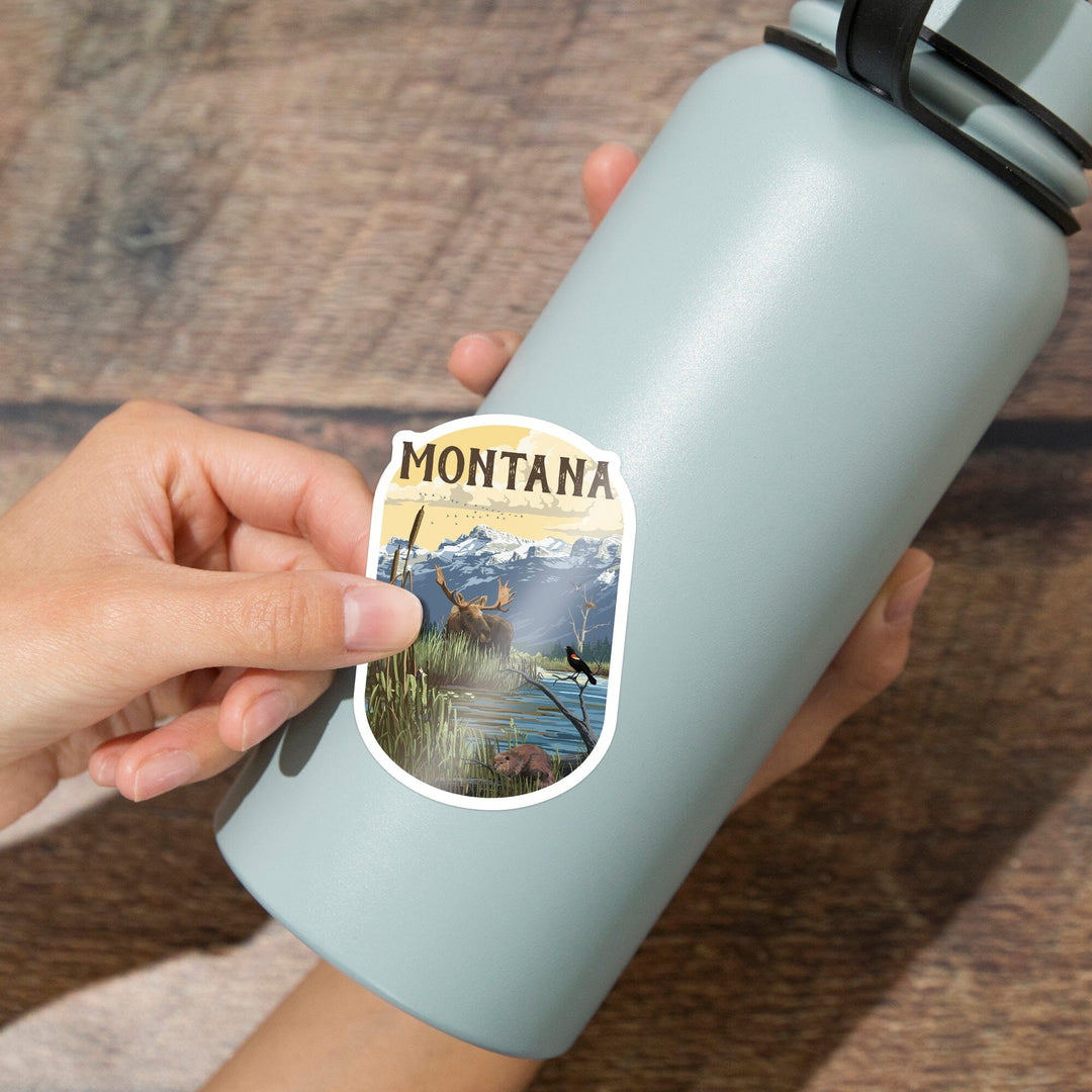 Montana, Moose & Marsh Scene, Contour, Lantern Press Artwork, Vinyl Sticker Sticker Lantern Press