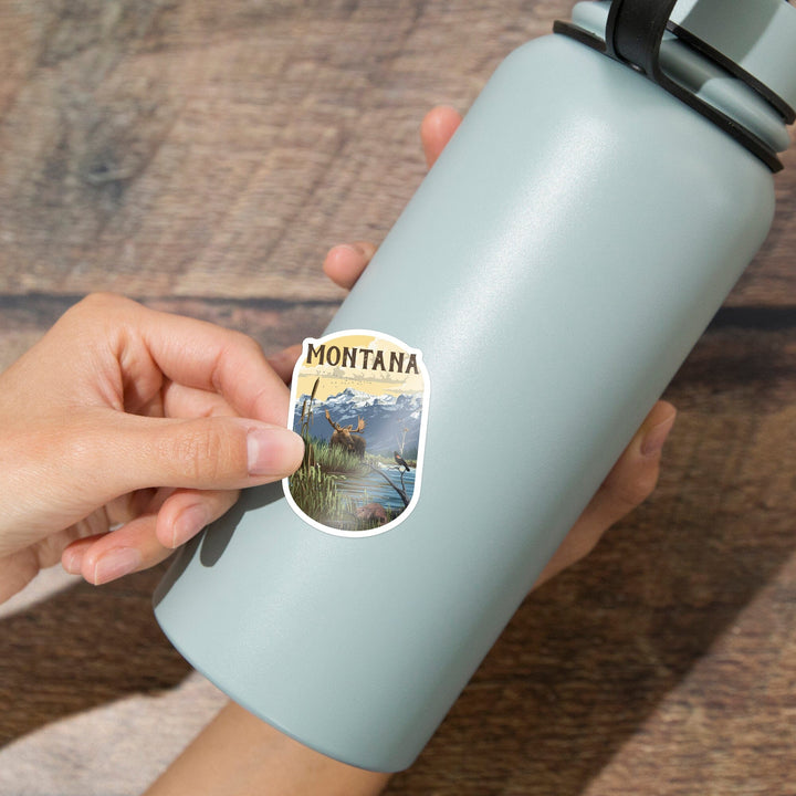 Montana, Moose & Marsh Scene, Contour, Lantern Press Artwork, Vinyl Sticker Sticker Lantern Press