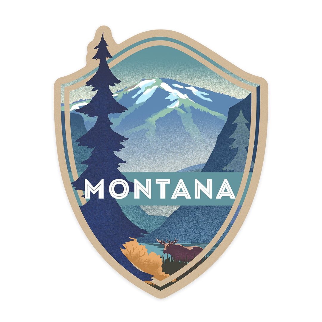 Montana, Mountain & Moose, Lithograph, Contour, Lantern Press Artwork, Vinyl Sticker Sticker Lantern Press