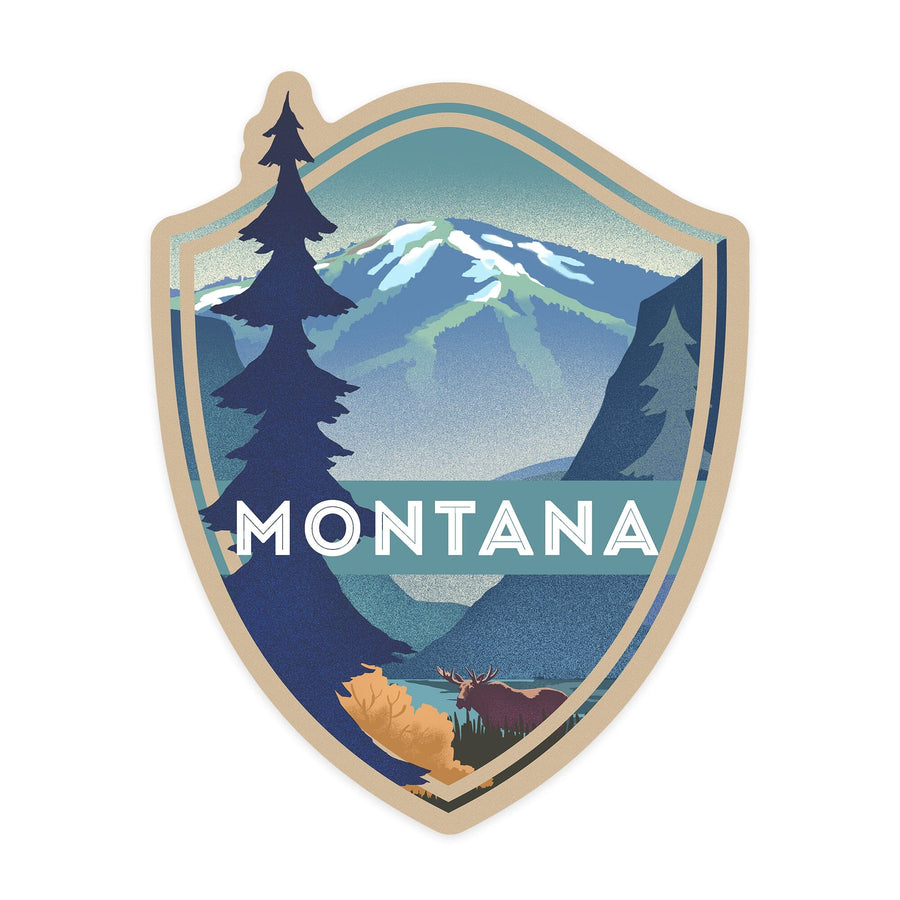 Montana, Mountain & Moose, Lithograph, Contour, Lantern Press Artwork, Vinyl Sticker Sticker Lantern Press