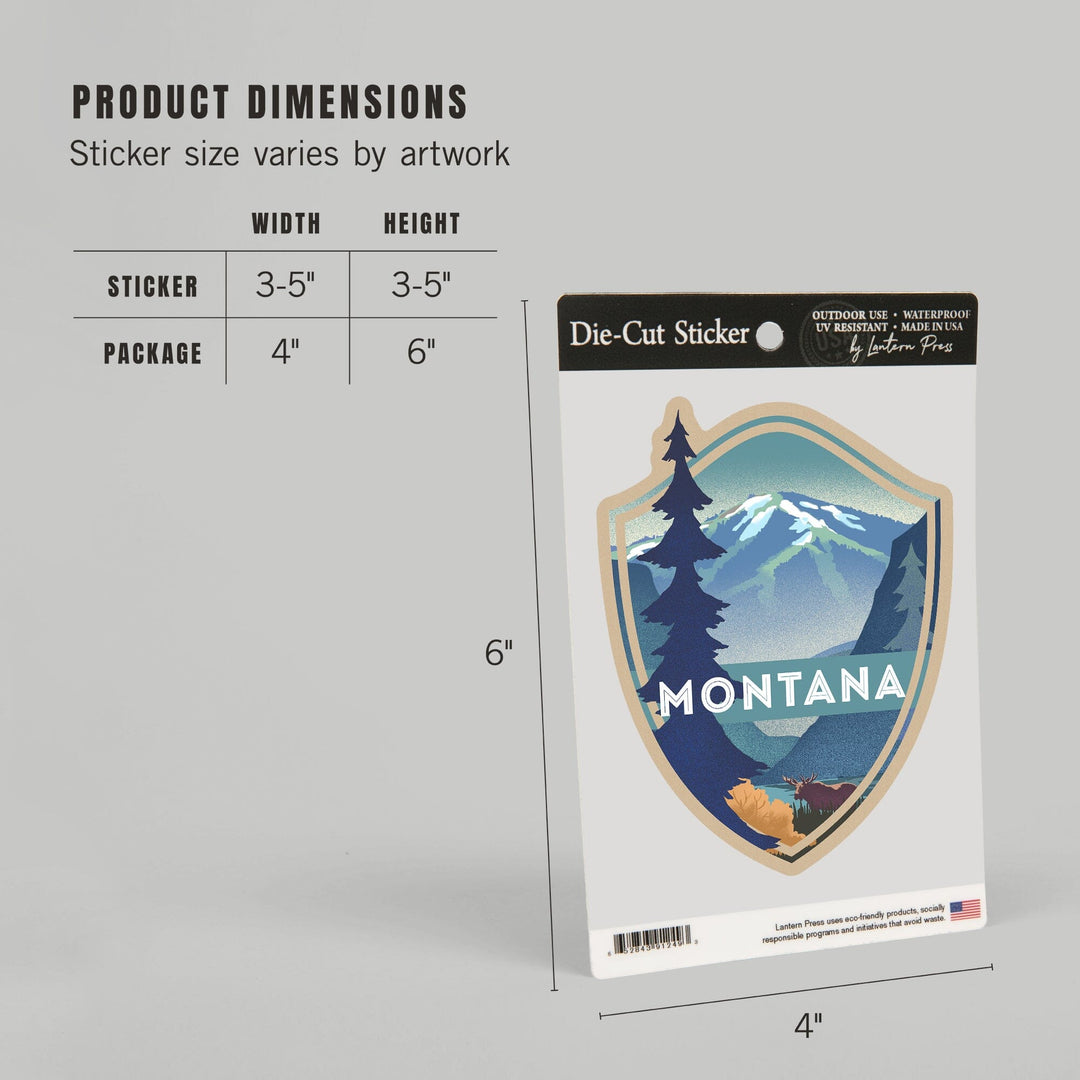 Montana, Mountain & Moose, Lithograph, Contour, Lantern Press Artwork, Vinyl Sticker Sticker Lantern Press