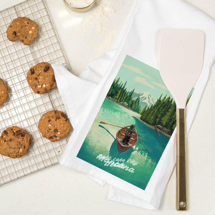 Montana, Quiet Explorer, Boating, Mountain, Organic Cotton Kitchen Tea Towels Kitchen Lantern Press
