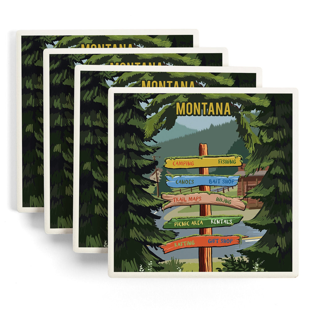 Montana, Signpost, Forest and Camp, Coasters Coasters Lantern Press