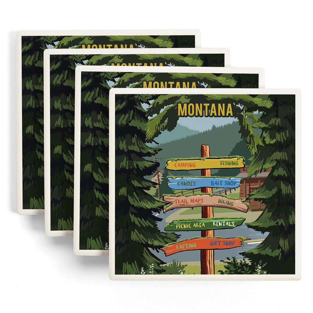 Montana, Signpost, Forest and Camp, Coasters Coasters Lantern Press
