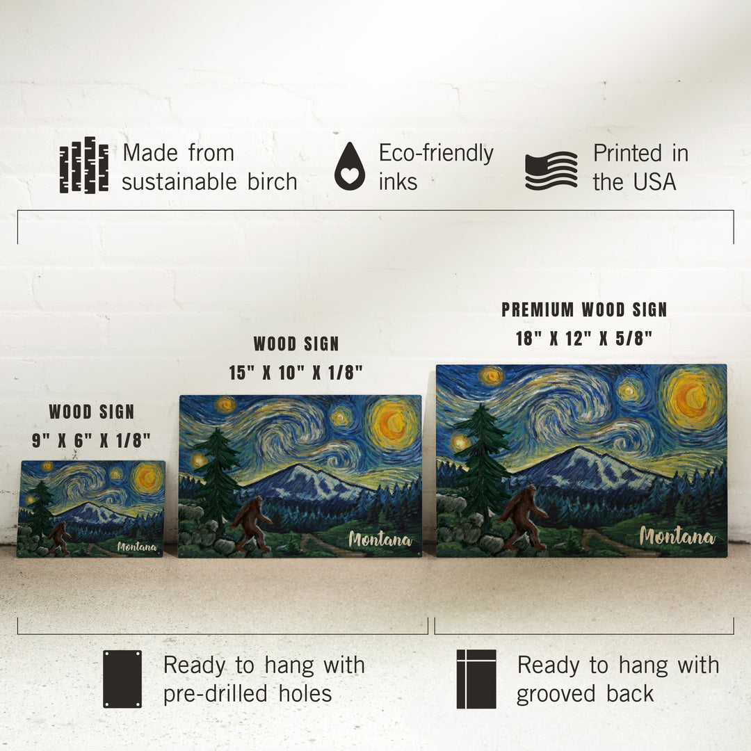 Montana, Starry Night, Bigfoot, Wood Signs and Postcards Wood Lantern Press