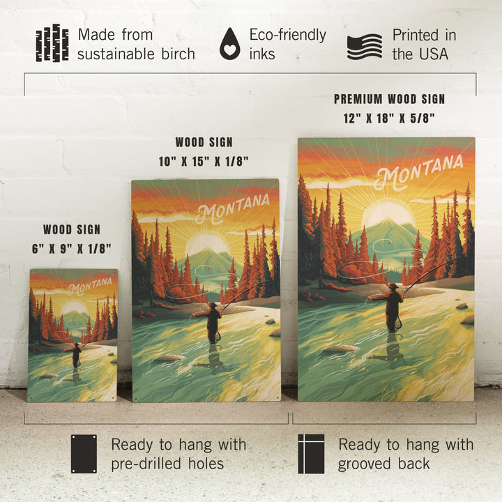 Montana, This is Living, Fishing with Mountain, Wood Signs and Postcards Wood Lantern Press