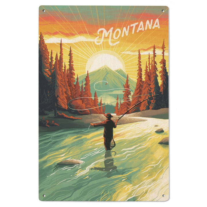 Montana, This is Living, Fishing with Mountain, Wood Signs and Postcards Wood Lantern Press