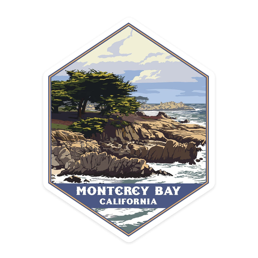 Monterey Bay, California, Rocky Shore & Cypress Tree, Contour, Lantern Press Artwork, Vinyl Sticker Sticker Lantern Press