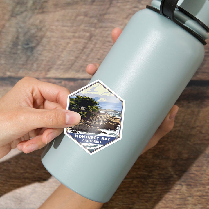 Monterey Bay, California, Rocky Shore & Cypress Tree, Contour, Lantern Press Artwork, Vinyl Sticker Sticker Lantern Press
