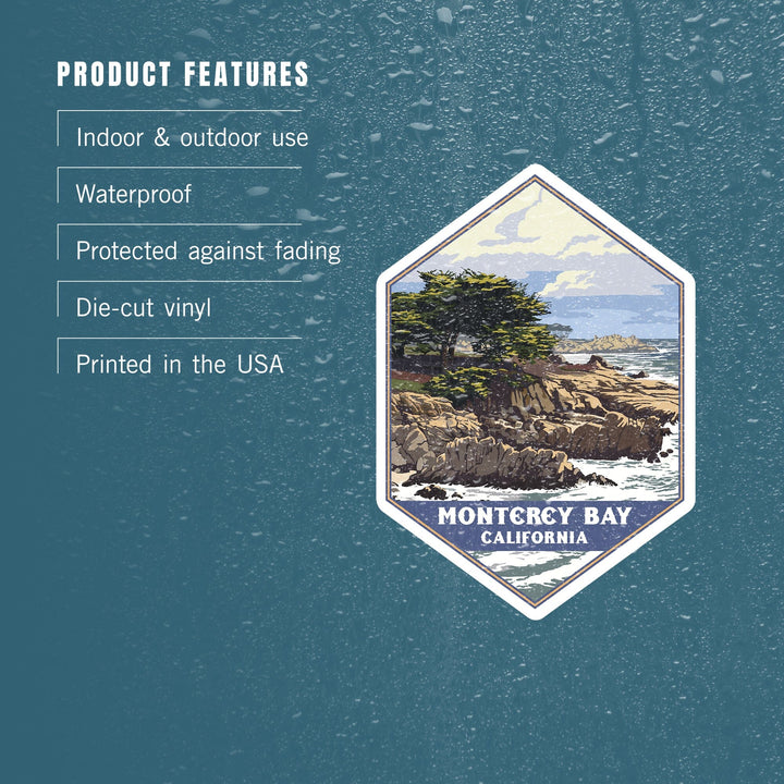 Monterey Bay, California, Rocky Shore & Cypress Tree, Contour, Lantern Press Artwork, Vinyl Sticker Sticker Lantern Press