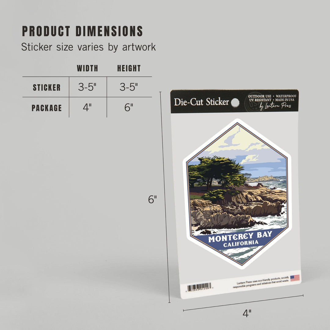 Monterey Bay, California, Rocky Shore & Cypress Tree, Contour, Lantern Press Artwork, Vinyl Sticker Sticker Lantern Press