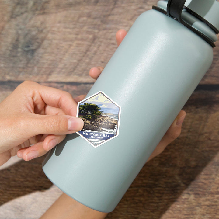 Monterey Bay, California, Rocky Shore & Cypress Tree, Contour, Lantern Press Artwork, Vinyl Sticker Sticker Lantern Press