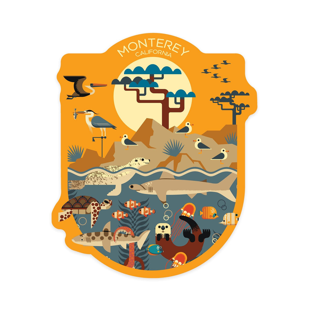 Monterey California, Marine Animals, Geometric, Contour, Vinyl Sticker Sticker Lantern Press