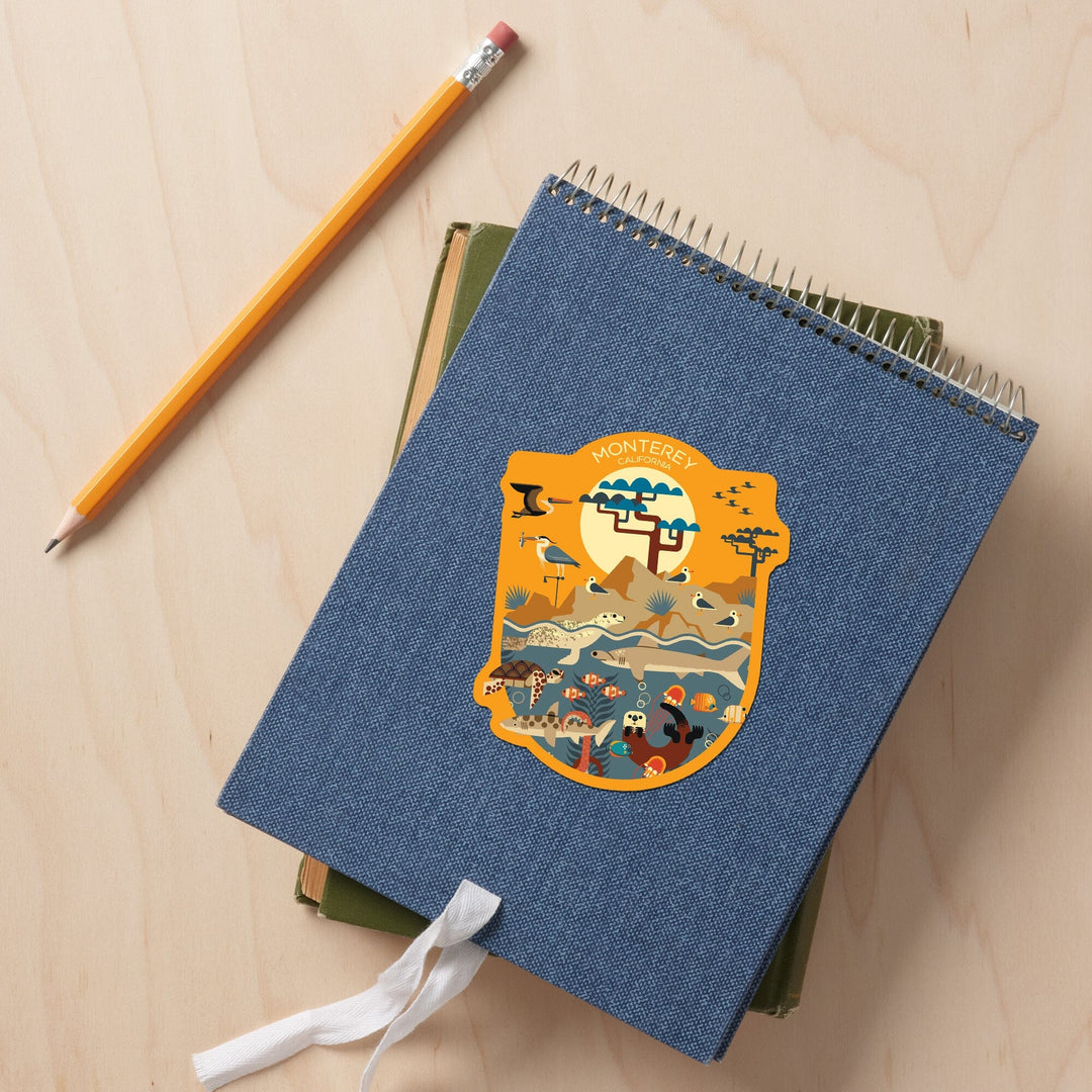 Monterey California, Marine Animals, Geometric, Contour, Vinyl Sticker Sticker Lantern Press