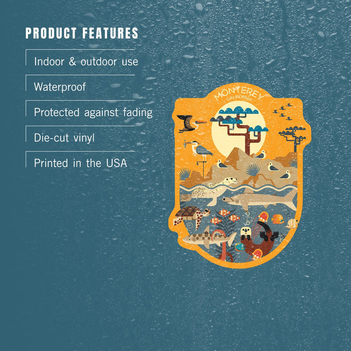 Monterey California, Marine Animals, Geometric, Contour, Vinyl Sticker Sticker Lantern Press