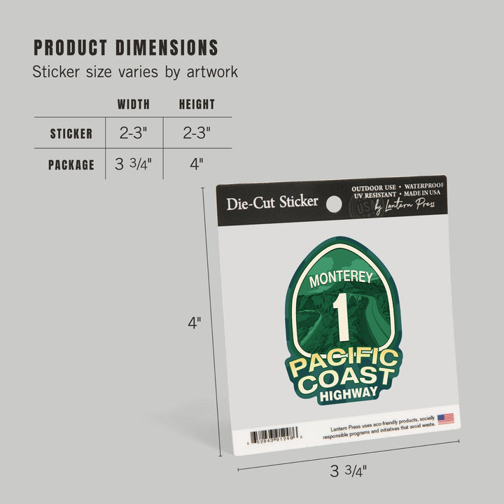 Monterey, California, Pacific Coast Highway 1, Contour, Lantern Press Artwork, Vinyl Sticker Sticker Lantern Press