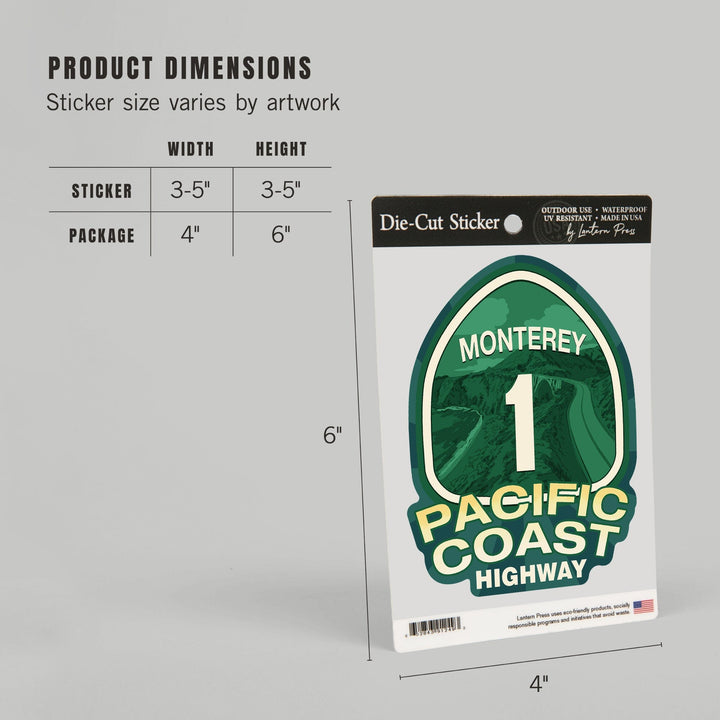 Monterey, California, Pacific Coast Highway 1, Contour, Lantern Press Artwork, Vinyl Sticker Sticker Lantern Press
