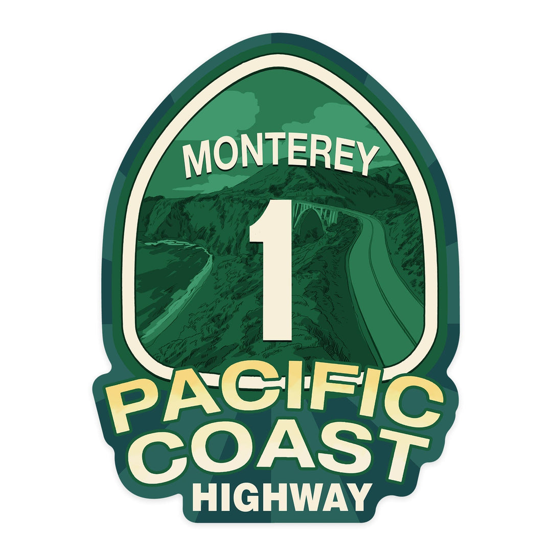 Monterey, California, Pacific Coast Highway 1, Contour, Lantern Press Artwork, Vinyl Sticker Sticker Lantern Press