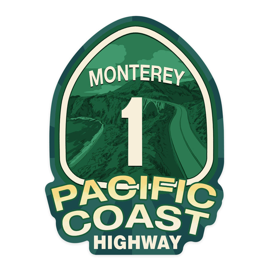 Monterey, California, Pacific Coast Highway 1, Contour, Lantern Press Artwork, Vinyl Sticker Sticker Lantern Press
