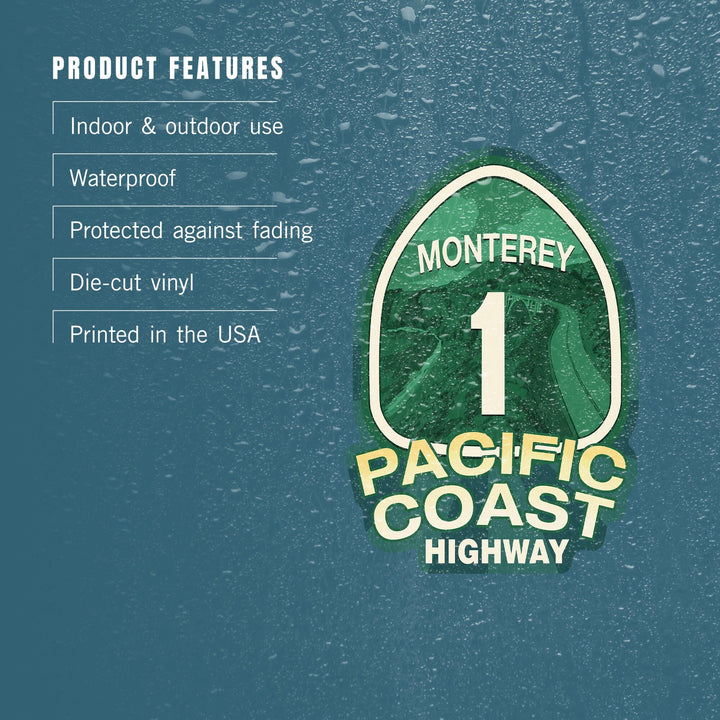 Monterey, California, Pacific Coast Highway 1, Contour, Lantern Press Artwork, Vinyl Sticker Sticker Lantern Press