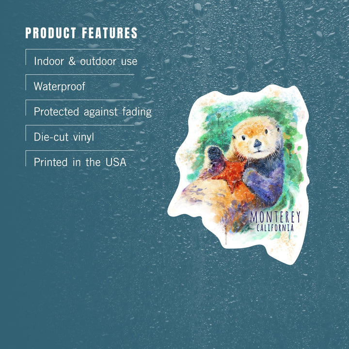 Monterey, California, Sea Otter, Watercolor, Contour, Vinyl Sticker Sticker Lantern Press